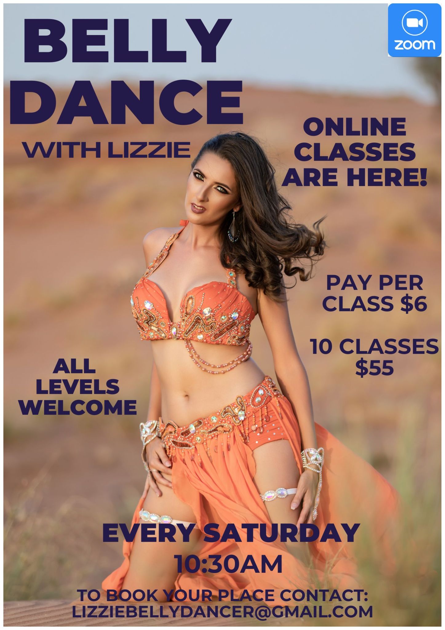 Poster for Lizzie&rsquo;s online belly dance class: every Saturday 10:30am on Zoom, all levels welcome